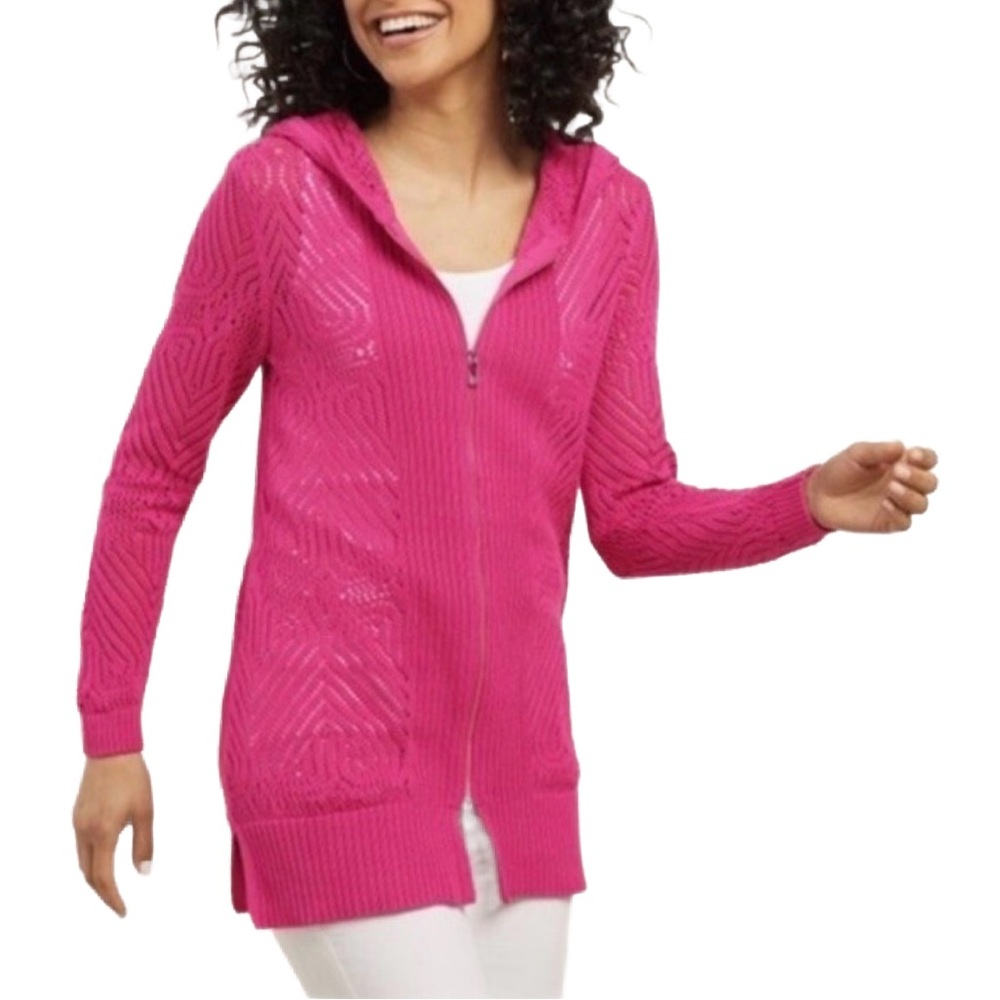 Soft Surroundings Crochet Pointelle Zip Up Hooded Sweater Medium